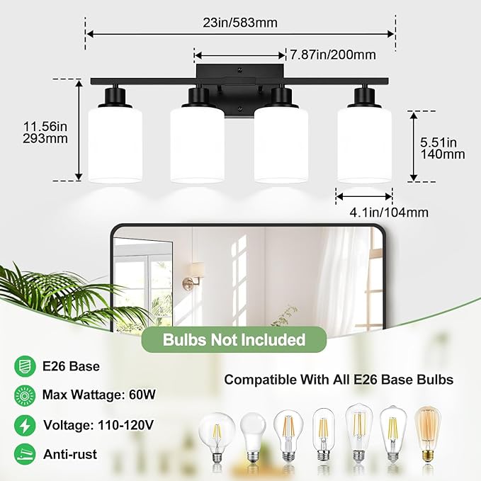 Indoi 4-Light Bathroom Light Fixtures, Matte Black Vanity Lights with Milk Glass Shades, Modern Bathroom Wall Lamp for Mirror Living Room Bedroom Porch