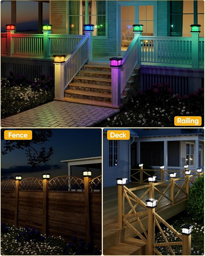 PARTPHONER RGBCW Solar Post Cap Lights 2-Pack, 9 Colors 3 Modes Fence Cap Lights, Bright Solar Outdoor Waterproof LED Deck Lighting for Fence Garden Deck Patio Porch Decor 4x4 Vinyl/Wood, Black