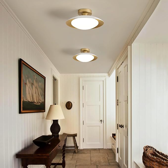 Dimmable Modern Semi Flush Mount Ceiling Light Fixture,Small White and Gold LED Glass Shade Kitchen Ceiling Lights,5CCT In One Light Fxiture for Hallway Entryway Bedroom Laundry Room Foyer(11.81in)