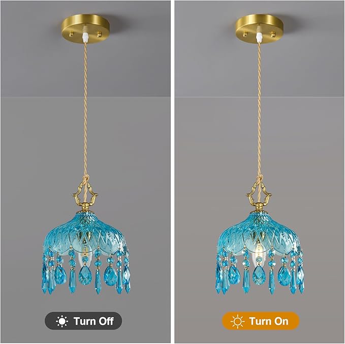 Brass Vintage Pendant Light Blue Crystal Hanging Light Fixtures,Adjustable Height Blue Glass Pendant Lights for Kitchen Island Dining Room Living Room Bedroom Hallway(Blue,2-Pack)