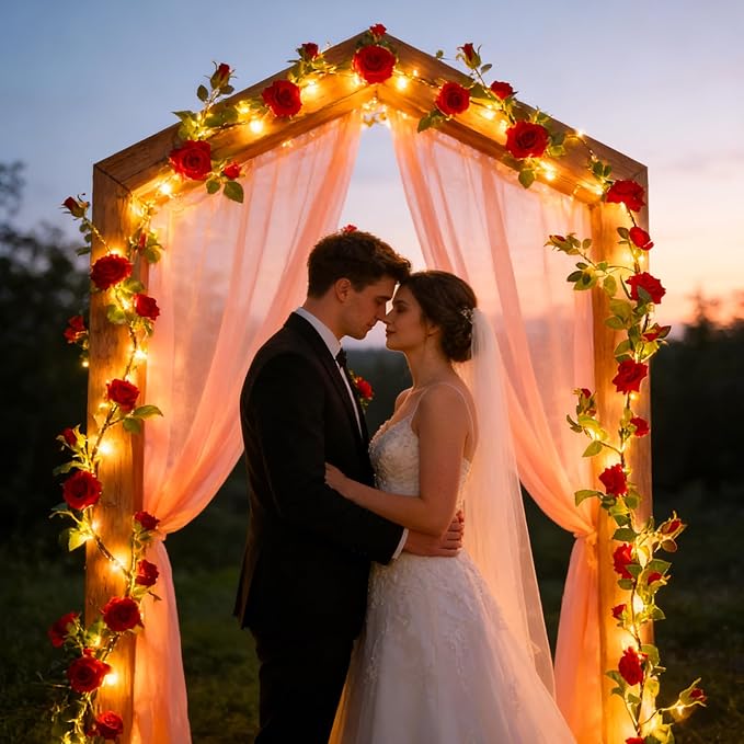 GOESWELL Rose Flowers Vines Garland Lights: 6FT Artificial Flower Vine Lights for Room Wall Decor - Fake Red Roses Hanging Vine Light Indoor for Wedding Arch Backdrop Decorations
