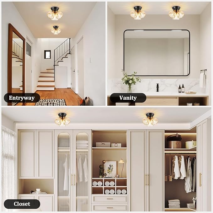 TALOYA Semi Flush Mount Ceiling Light,3-Light Close to Ceiling Light Fixtures with Amber Tulip Glass Shades Modern Farmhouse Lighting Fixtures for Hallway Corridor Kitchen Bathroom Bedroom Passway