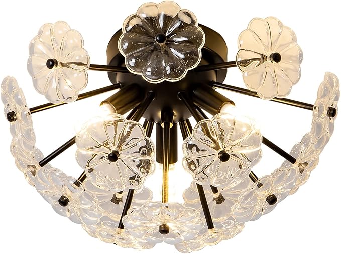 Semi Flush Mount Ceiling Light, Black Metal Flower Ceiling Light Fixtures, 3-Light Farmhouse Close to Ceiling Lamp Fixture for Bedroom Closet Kitchen Living Room Hallway(Dia 13.8")