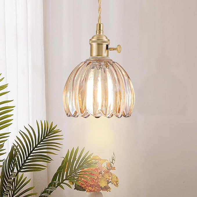 Mini Pendant Lights Kitchen Island 2 Pack, Small Adjustable Pendant Light Fixture with Amber Tulip Glass Lampshade, Vintage Gold Pendant Lighting, Pendant Light for Bedroom Dining Room Hallway