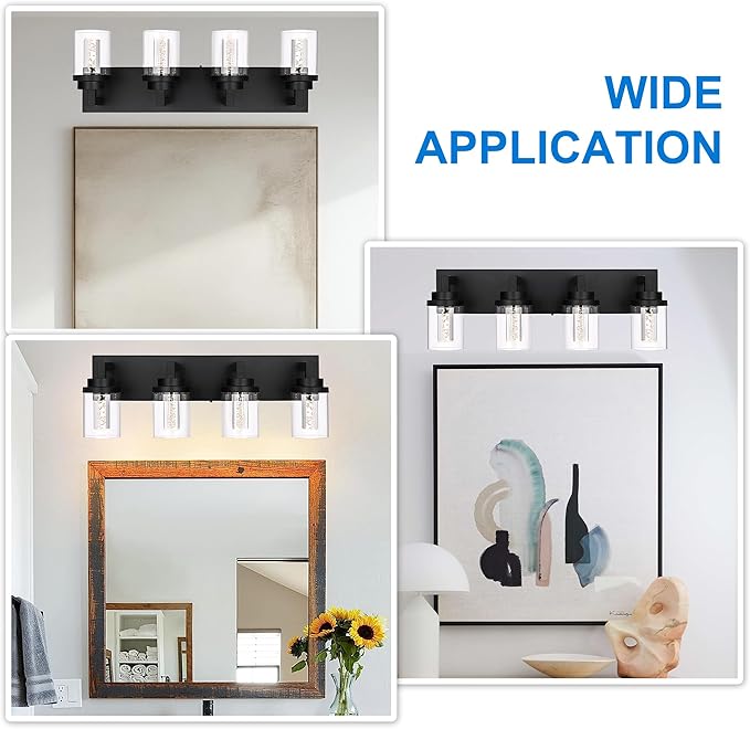 MELUCEE 4-Light 5 Color Dimmable Vanity Lights for Bathroom Bubble Crystal LED Bathroom Lighting Fixtures Over Mirror, Black LED Wall Sconce with Clear Glass Shade, Built-in Led Chips