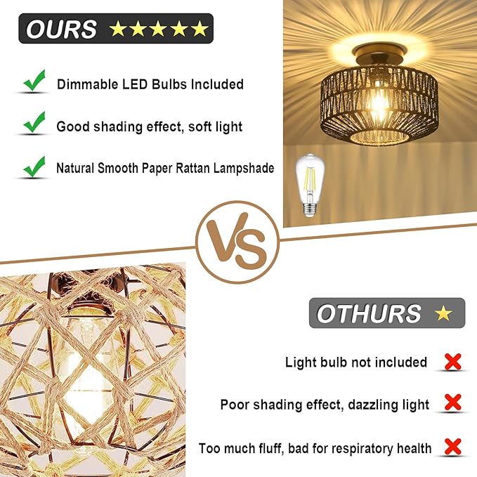 Rattan Light Fixtures Ceiling Mount,Boho Ceiling Light Fixture with Dimmable LED Bulb,Mini Hand Woven Rattan Chandelier Light Fixtures Ceiling for Bedroom Kitchen Entryway Living Room Hallway(Black)