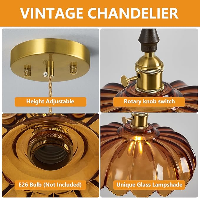Modern Tawny Glass Pendant Light Retro Flower Glass Hanging Lamp Gold Brass Decorative Adjustable Ceiling Hanging Light Suitable for Kitchen Island Bedroom Dining Room Living Room