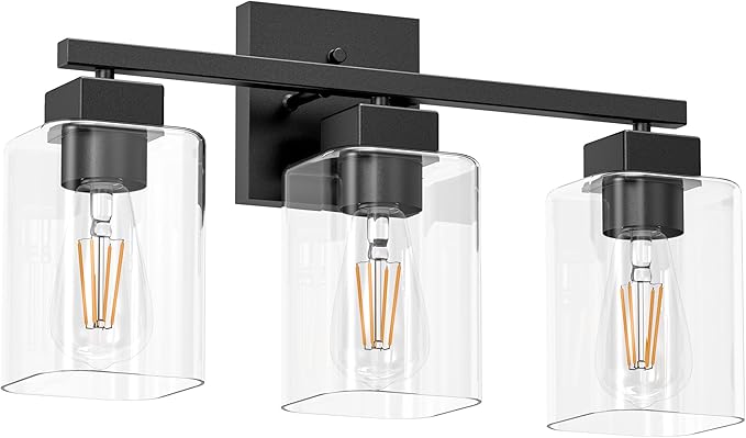 Espird Matte Black Bathroom Vanity Light, 3-Light Vanity Lighting fixtures Over Mirror, Square Design & UL Certification, Wall Sconces with Clear Glass Shades, E26 Socket (Bulbs Not Included)