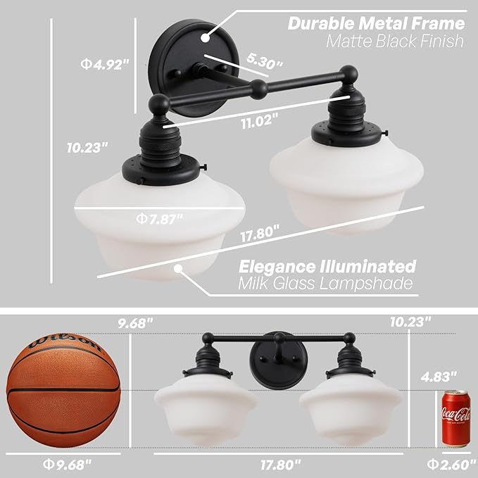 Vintage 2-Lights Wall Sconce Lights Black Bathroom Vanity Light with Milk Glass Double Sconce Wall Mounted Lamp for Bedroom Living Room Bathroom Mirror Kitchen Hallway Hardwire