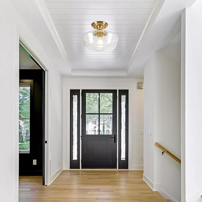 Schoolhouse Style Light Fixture, 12" Brass Semi Flush Mount Ceiling Light with Seeded Glass Globe, Close to Ceiling Lights for Kitchen Hallway Entryway