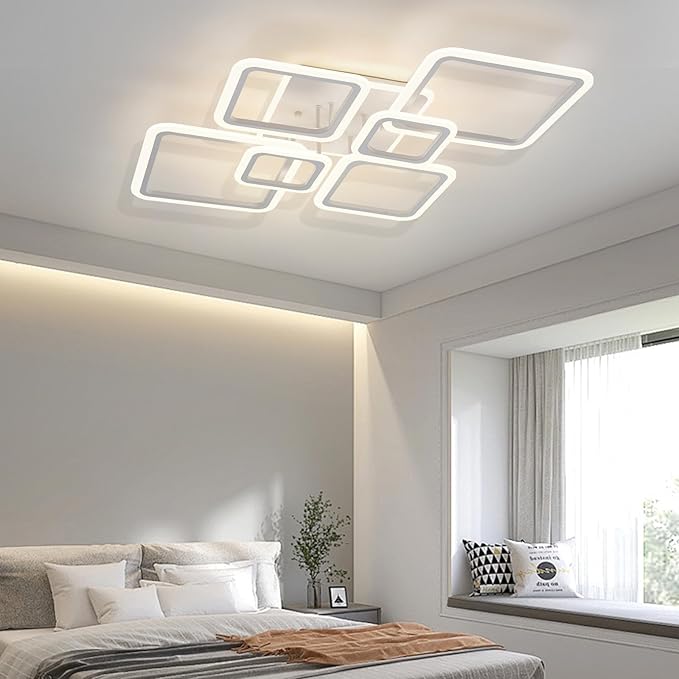 Modern Ceiling Light, 36.2'' LED Dimmable Acrylic Square 6+1 Rings Ceiling Lights with Remote, White Flush Mount Ceiling Light Fixture for Low Ceiling Bedroom Living Room Dining Room, 130W