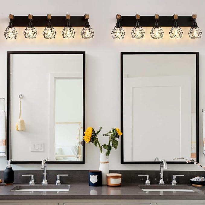 Farmhouse Vanity Light for Bathroom, 5-Light Wood Bathroom Vanity Light Fixtures Over Mirror, Rustic Sconces Wall Lighting with Metal Lampshade for Living Room, Bedroom, Hallway
