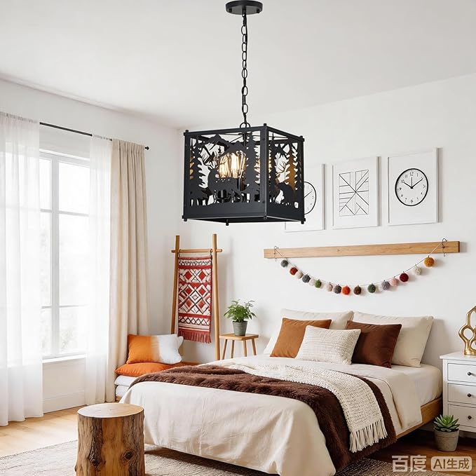 Rustic Pendant Light-Bear Deer Style, 4-Light Farmhouse Metal Chandelier Adjustable Hanging Ceiling Fixture for Dining Room, Bedroom, Kitchen, Entryway, Living Room (No Bulb Included)
