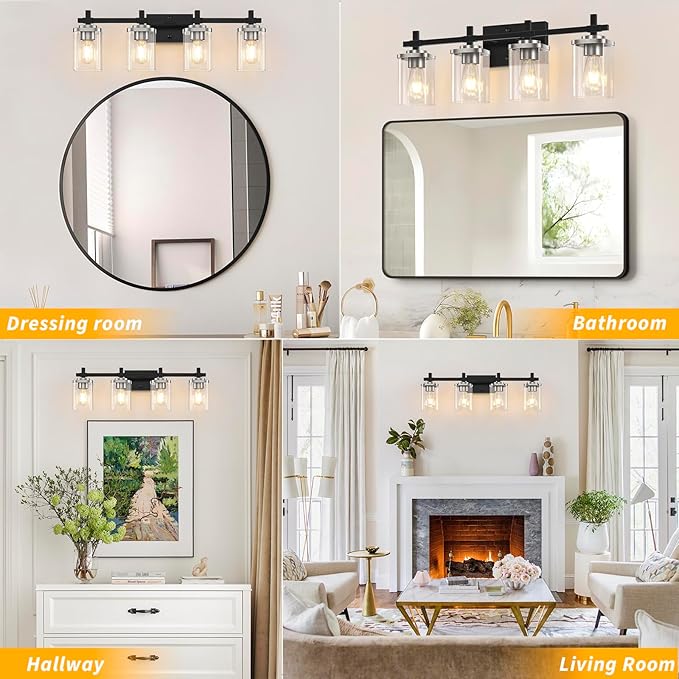 4-Lights Black and Brushed Nickel Vanity Lights with Clear Glass Shade, Bathroom Wall Light Fixtures, 30.3 Inch Large Vanity Lighting Fixture for Bathroom Mirror Living Room 