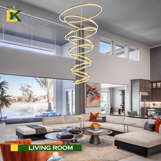 Benkut 9 Rings Modern LED Chandelier Gold Dimmable Large Foyer Chandeliers Entryway High Ceiling for Staircase, High Ceiling Pendant Lights for Entryway Living Room, 3000K-6500K CCT