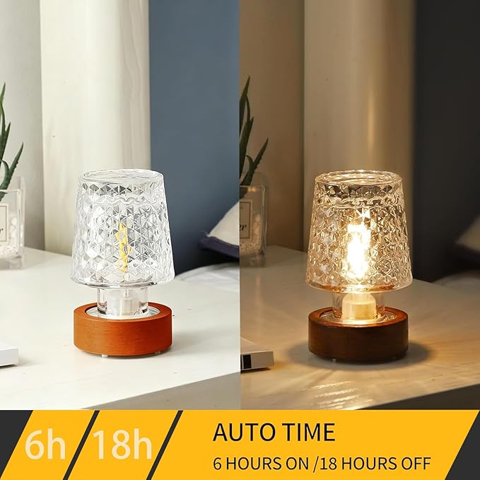 Mini Soft Warm LED Night Light, Battery Operated Portable Glass Lamp with Timer, Art Deco Style, Crystal Color, for Adults