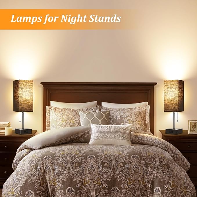 Table Lamp for Bedroom set of 2,3-Color Bedside Lamps with Pull Chain Table Lamps for Nightstand with AC Outlets, Night Light Lamps with 2 Bulbs Lamps for Living Room Kids Office Decor(Black)