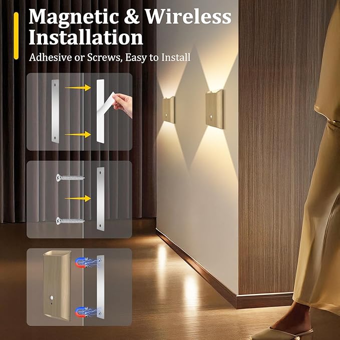 4 Pack Rechargeable Wall Sconce: Battery Operated Motion Sensor Wall Light with Remote, Magnetic Motion Sensor Stair Light Indoor, 3CCT Dimmable Wireless Wall Lamp for Bedroom Hallway Closet, Beech