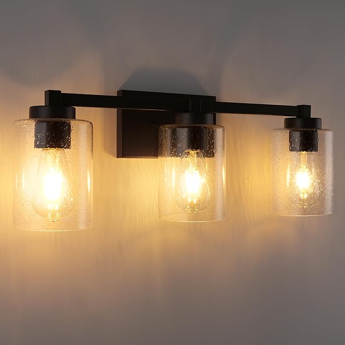 Beionxii Bathroom Vanity Lights, 3-Light Vintage Wall Sconce Light Fixtures, Oil Rubbed Bronze Finish with Clear Seeded Glass (24.5" W x 8.7" H) - MB9002 Series