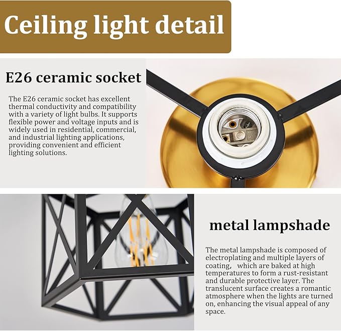 Modern Farmhouse Semi Flush Mount Ceiling Light,Industrial Black and Gold Ceiling Lighting Fixture,Hexagonal Close to Ceiling Lights for Kitchen, Hallway, Entryway, Bedroom,Foyer,9.5 Inch