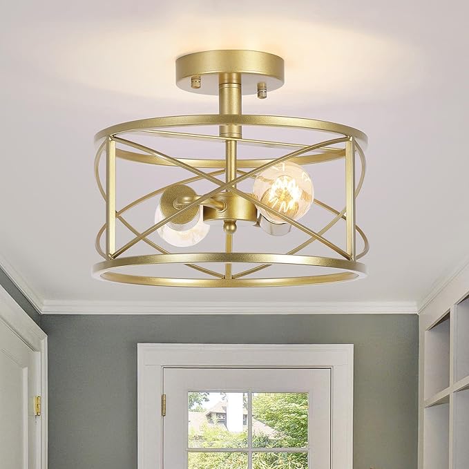 Gold Semi Flush Ceiling Light Fixture, 2-Light Farmhouse Flush Mount Light Fixtures, Modern Industrial Metal Cage Pendant Lighting for Hallway, Bedroom, Kitchen, Foyer, Living Room, Dining Room