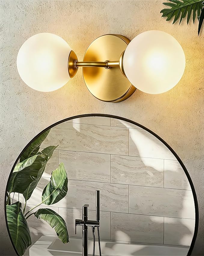 Yunnix Gold Bathroom Vanity Light, 2-Light Modern Globe Vanity Lighting Fixtures with Milk White Glass Shade, Mid Century Vanity Lights Wall Sconce Over Mirror for Hallway Entryway Set of 2