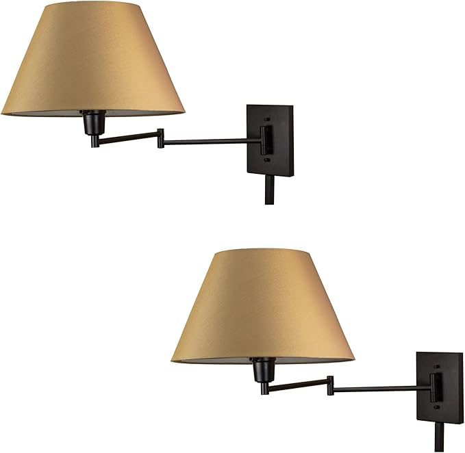 Kira Home Cambridge 15" Modern Swing Arm Wall Sconce with Golden Bronze Empire Fabric Shade, 2-in-1 Plug in or Hardwired Wall Lamp with 3-Way Switch, Black Finish