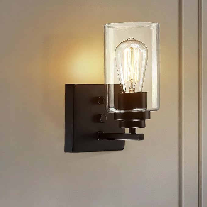 Pia Ricco Wall Sconces Set of Two, Bedside Wall Lamps with Rotary Switch for Bedroom, Modern Bathroom Light Fixtures with Clear Glass Shade, Black Sconces Wall Lights for Living Room, Hallway, Kitchen