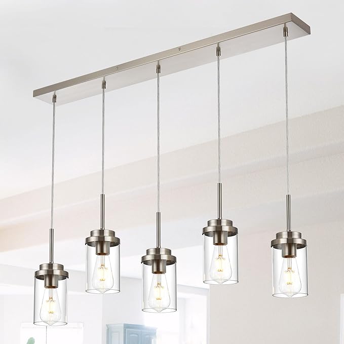 MELUCEE 5 Lights Kitchen Island Lighting Modern Linear Chandeliers for Dining Room, Industrial Brushed Nickel Pendant Light Fixtures Ceiling Hanging with Clear Glass Shade, 37.0 Inches Length