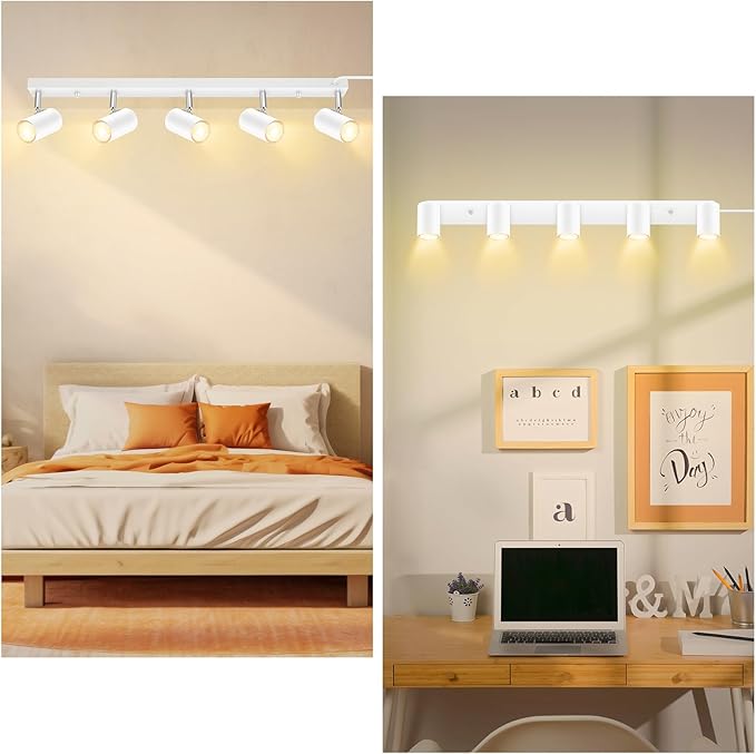 AUQUEE 5 Light Track Lighting Kit,White 5 Way Modern Plug in Ceiling Spotlight,Industrial LED Wall Light for Kitchen Cabinet Gallery Bar Hallway Living Room,Rocker Switch,15 Foot Cord(No Bulb)