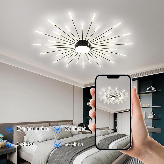 JAYMP 50.4" Ceiling Light Modern Flower Shape Ceiling Lamp for Living Room Dining Room Flush Mount Metal Acrylic Sputnik Firework Petal LED Lighting Fixture (Matte Gold, 30+1 Lights)