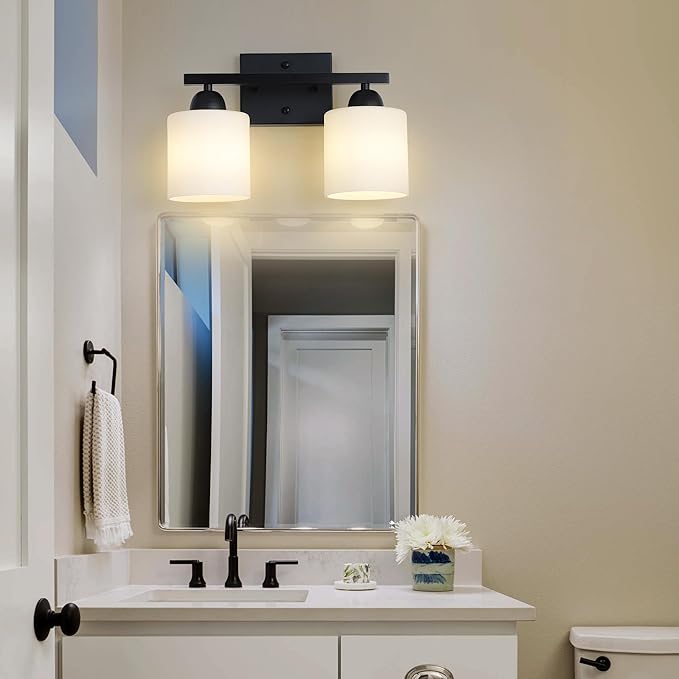 Mecgirn Milk Glass Vanity Lights for Bathroom, 2 Light Matte Black Bathroom Light Fixtures Over Mirror, Ceramic E26 Sockets Wall Mounted