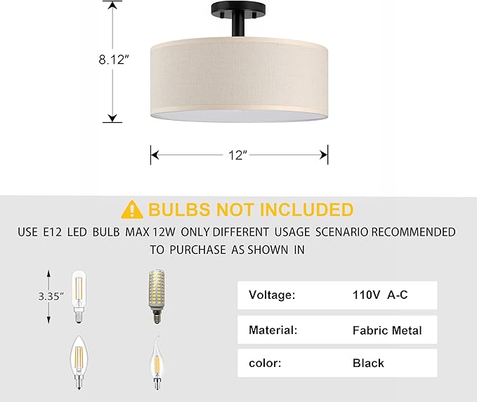 3 Light 12 Inch Semi Flush Mount Close to Ceiling Light Fixture,Off White Fabric Shade Black Finish for Bedroom,Living Room,Dining Room Hallway
