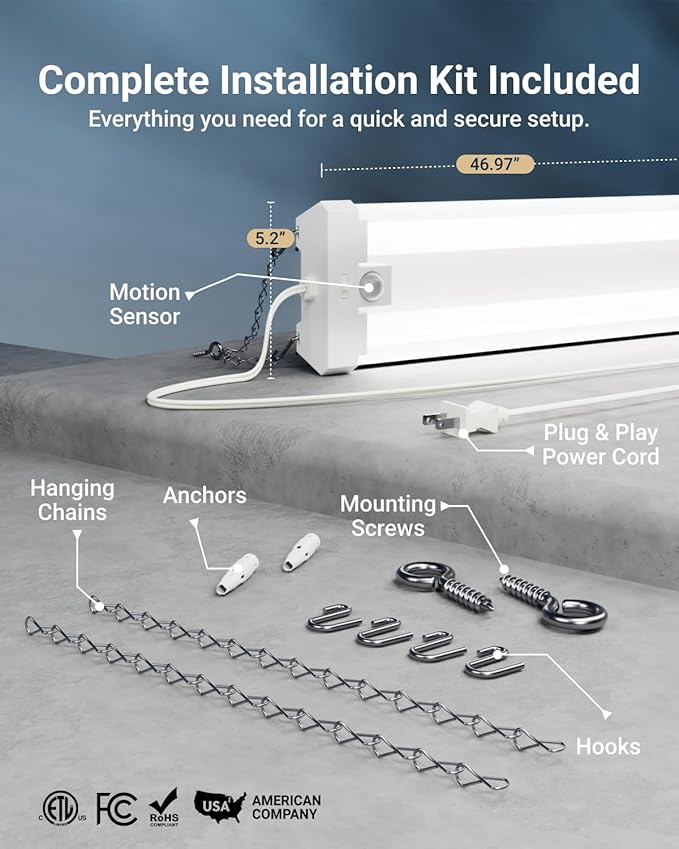 Sunco Motion Sensor 4ft LED Shop Light, Garage Lights Ceiling LED Plug-in Fixtures, 40W, 5000K Daylight, 4300 Lumens, Frosted, Motion Activated, Linkable Suspension Mount, ETL 10 Pack
