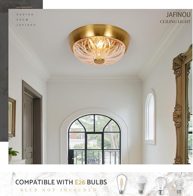 Gold Semi Flush Mount Ceiling Light, 2-Light Modern Close to Ceiling Light Fixture, Aluminum Glass Indoor Outdoor Ceiling Lamp for Bedroom Kitchen Hallway Foyer