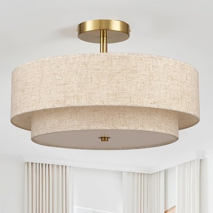 16.5 inch Semi Flush Mount Ceiling Light with Natural Linen Shade, 3-Light UL Listed Fixture with E26 Socket (No Bulb Included) for Bedroom, Kitchen, Living Room
