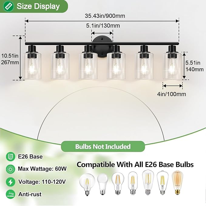 Zarbitta 6-Light Bathroom Light Fixtures, Black Modern Vanity Lights with Clear Glass Shade, Bathroom Wall Lamp for Mirror Kitchen Living Room Hallway Cabinet Porch