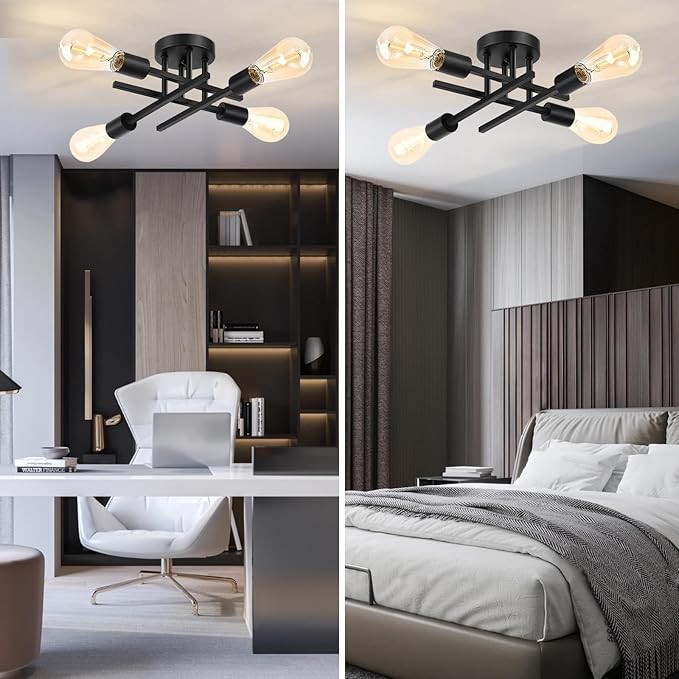 Ceiling Light, Dining Room Light Fixture with E26 Base, Semi Flush Mount Ceiling Light Fixture, Kitchen Lighting Fixtures Ceiling, 4-Light Matte Black Chandelier for Bedroom