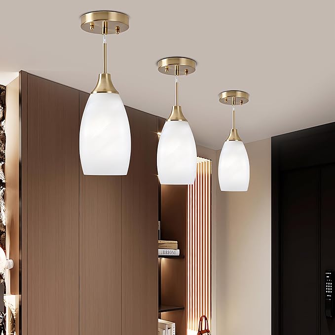Viinew Mini Glass Pendant Light 3-Pack Handblown Art White Swirl Oval Hanging Pendant Lamp 4.72" Glass Chandelier for Kitchen Island Dining Room Living Foyer Hallway Entry Brushed Gold Finish