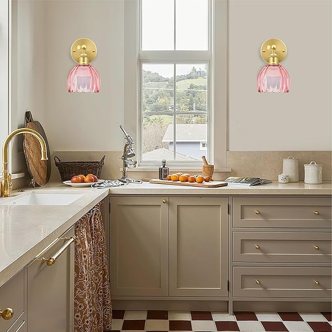 Vintage Battery Operated Wall Sconce, Pink Tulip Glass Lampshade Wireless Rechargeable Battery Powered LED Wall Light with Remote Dimmable for Bedside Bedroom Doorway Living Room, Set of 2
