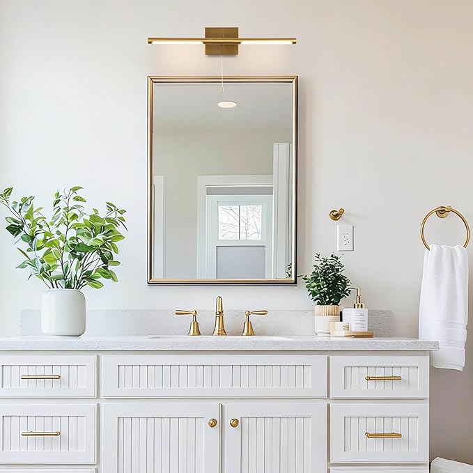 24 Inch Brass Gold LED Bar Bathroom Vanity Light,360° Rotatable Vanity Light Fixtures with Pull Chain Over Mirror,4000K Modern Bathroom Sconces Wall Lighting Picture Light