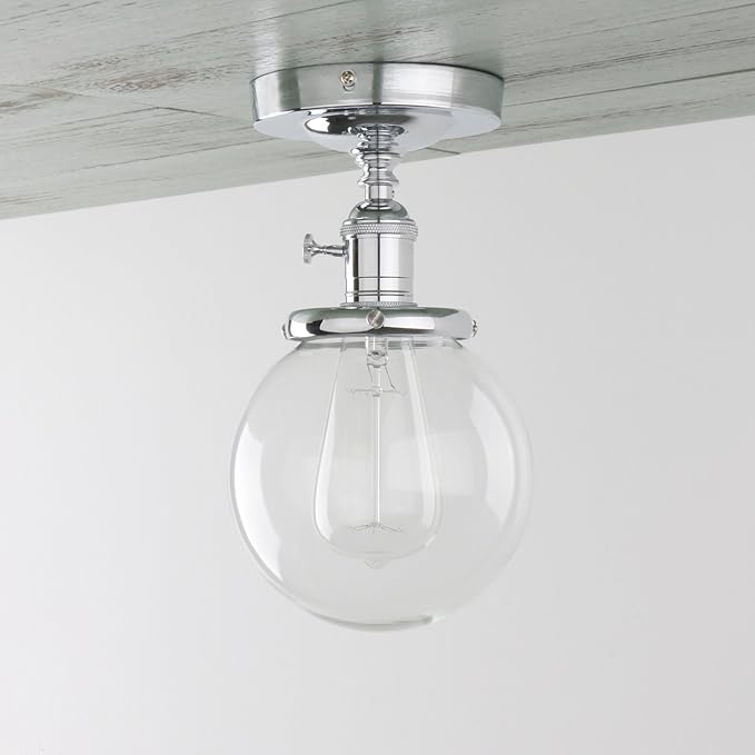 PERMO Modern Small Semi Flush Mount Ceiling Pendant Light Glass Ceiling Lights Hallway Fixtures with Flate Ribbed Glass Lampshade, 1-Light (Chrome, 301)