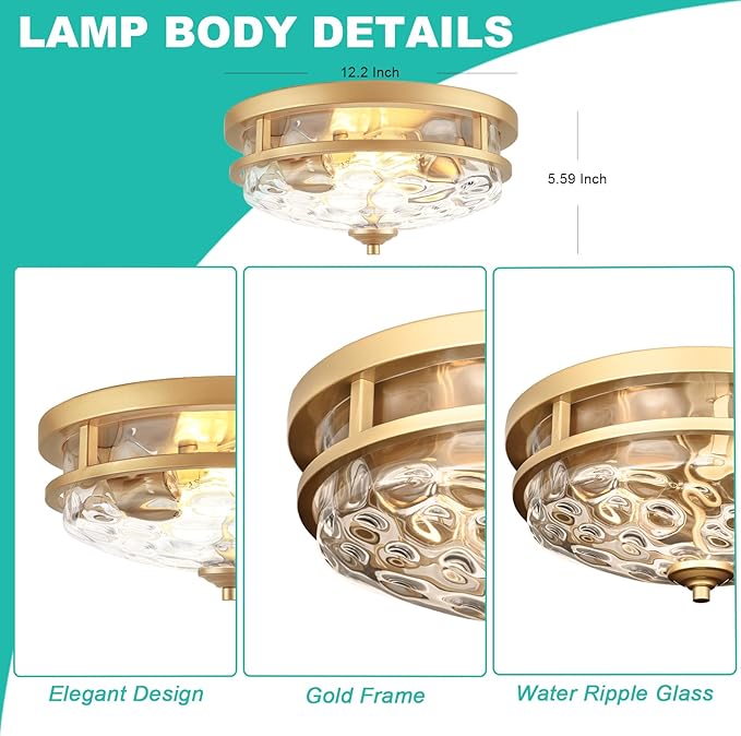 Flush Mount Ceiling Lights, 2-Light Farmhouse Close to Ceiling Light, Industrial Ceiling Lighting Fixture for Kitchen Hallway Bedroom Living Room Stairways Porch (Gold)