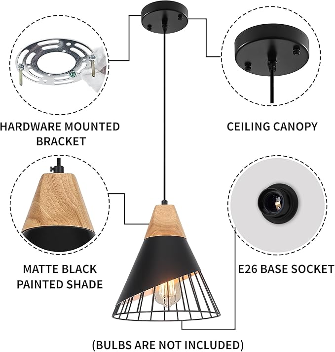 Black Pendant Light, 1 Pack 9.4inch Modern Pendant Lights, Farmhouse Pendant Light, Kitchen Pendant Lighting, Black Pendant Lights Kitchen Island for Living Room, Bar, Bedroom, Office