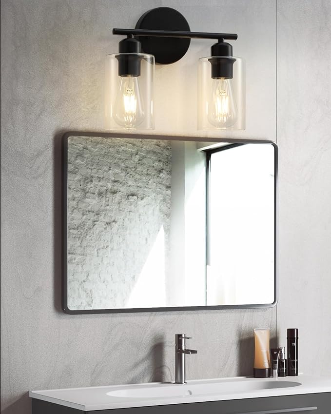 2-Light Bathroom Light Fixtures, Matte Black Bathroom Vanity Lights, Bathroom Lighting Fixtures Over Mirror with Clear Glass Shade, Wall Sconce Light for Bedroom, Living Room and Hallway
