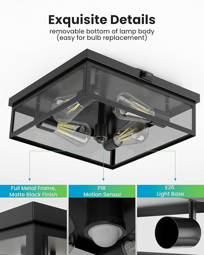 Caftersmark Outdoor Ceiling Light with Motion Sensor 14‘’, Flush Mount Porch Ceiling Light, lear Glass with Dusk to Dawn 4-Light Close to Ceiling Light Fixture for Patio,Porch,Garage