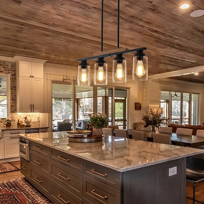 Dining Room Light Fixture Over Table,Farmhouse 4-Light Kitchen Island Lighting,Modern Wood Chandeliers for Dining Room with Adjustable Height,Industrial Black Kitchen Pendant Hanging Lights
