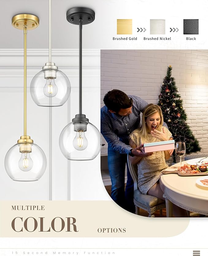 Globe Pendant Light Fixture, Modern Brushed Nickel Hanging Light with Clear Glass for Kitchen Island Dining Room Bedroom Hallway Foyer (1 Pack), PL101BN-2PK