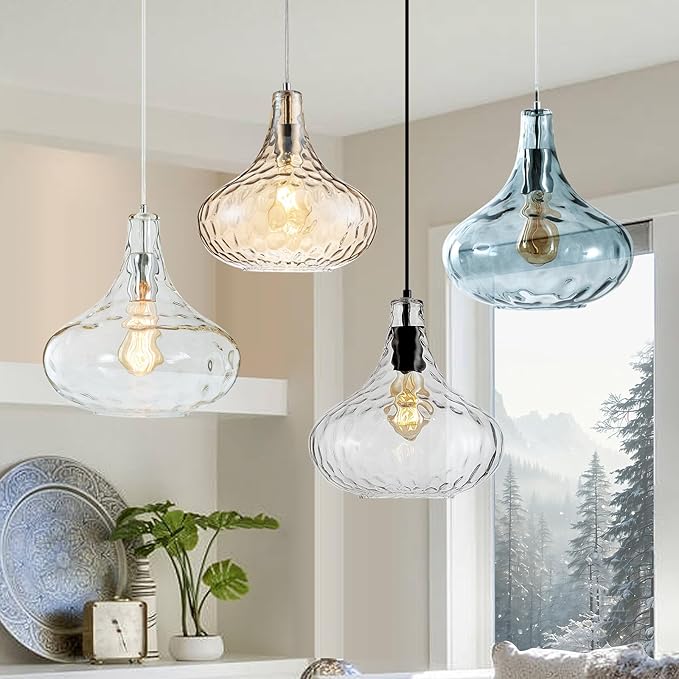 11 Inch Kitchen Island Pendant Light – Blown Glass Hammered Shade & Black Finish – Modern Hanging Ceiling Light for Dining Room, Sink, Hallway, Living Room – E26 Base