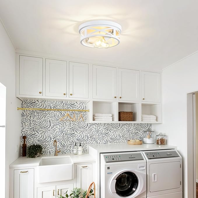 ZHU YAN 2 Pack Flush Mount Ceiling Light, White Hallway Light Fixture, Metal Cage, for Kitchen Entryway, E26 Base